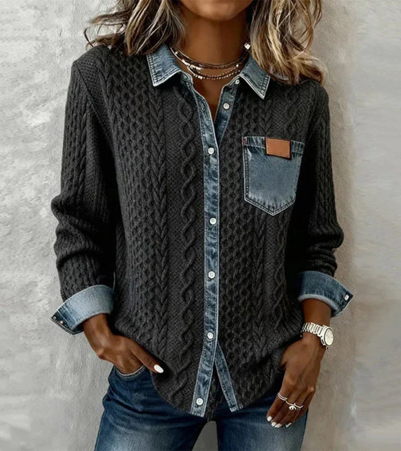 Amelia - Patchwork Knit Top with Denim Details