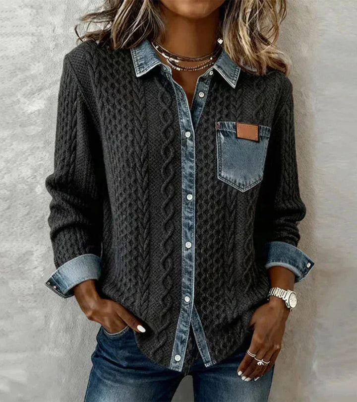 Amelia - Patchwork Knit Top with Denim Details