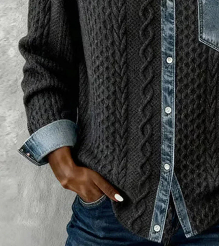 Amelia - Patchwork Knit Top with Denim Details