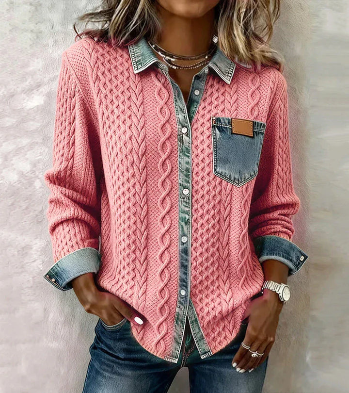 Amelia - Patchwork Knit Top with Denim Details