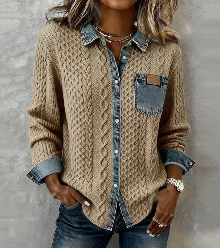 Amelia - Patchwork Knit Top with Denim Details