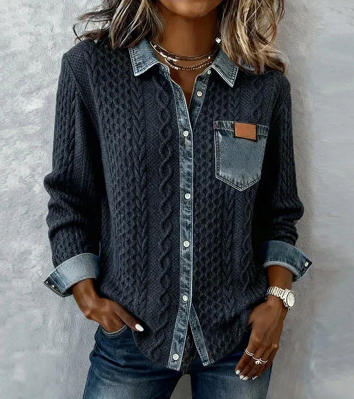 Amelia - Patchwork Knit Top with Denim Details